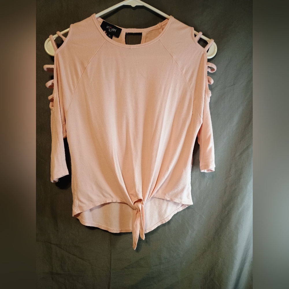 I.N. Girl Light Pink Big Tie Lattice Sleeve Top